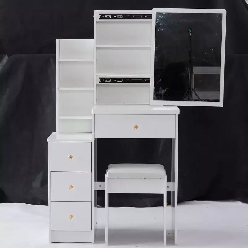 Okak Vanity Table and Chair Set and Cushioned Stool, 29.2 Compact Left-Side Bedside Dressing Table with Touch Sliding LED Mirror, White