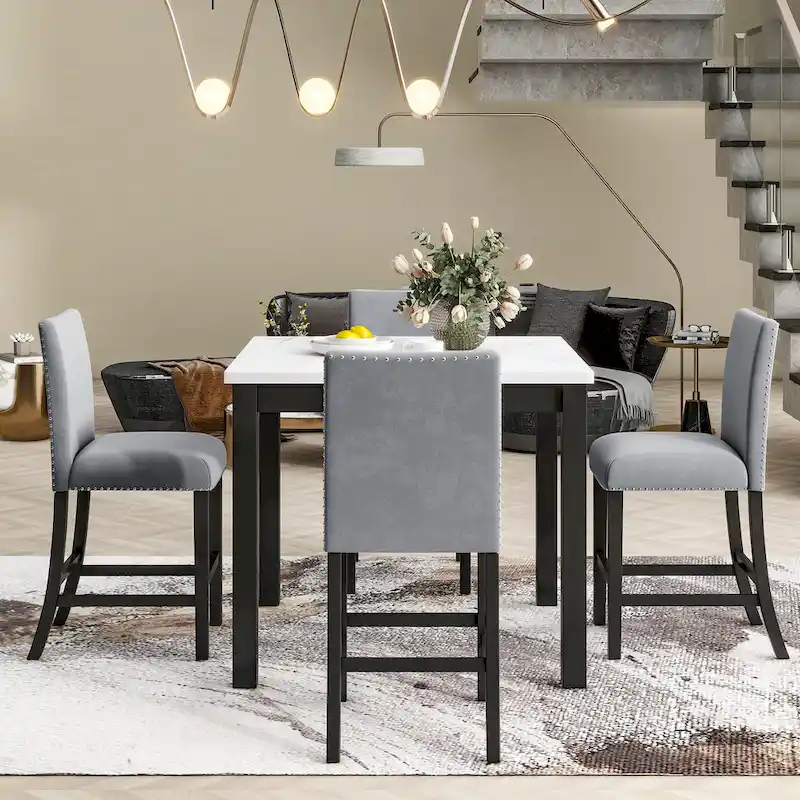 5-piece Counter Height Dining Table Set with One Faux Marble Top Dining Table and Four Velvet-Upholstered Chairs,Grey