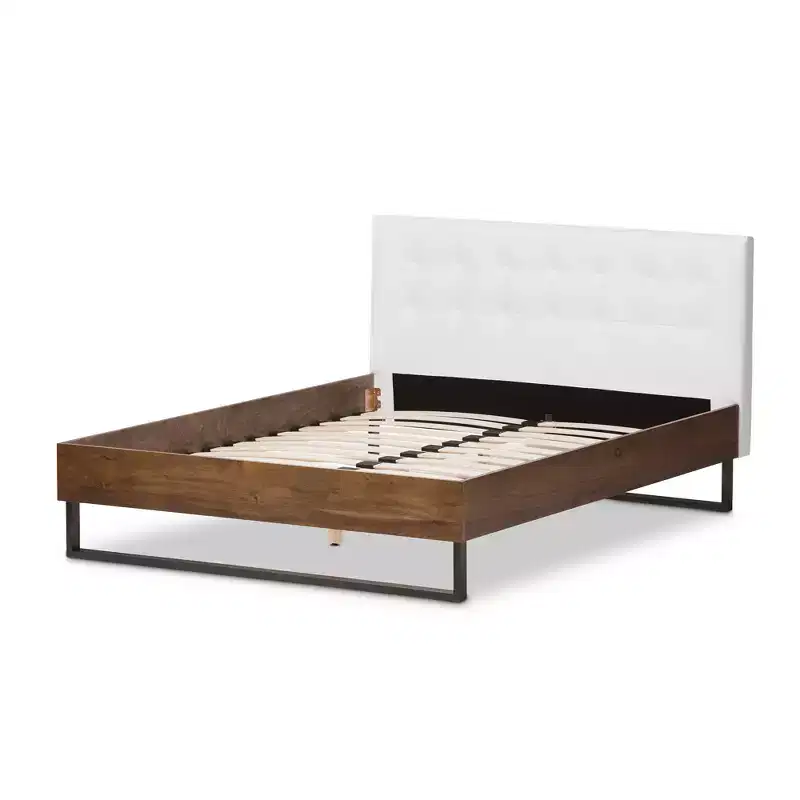 Queen Mitchell Rustic Industrial Walnut & Faux Leather Bed - Baxton Studio: Steel Legs, Padded Headboard
