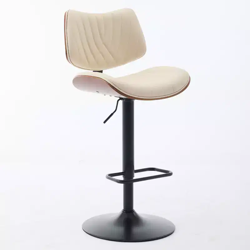 Walnut Bentwood Bar Stools Mid Century Modern Adjustable Counter Height Leather Upholstered 360 Swivel Bar Chairs, Beige