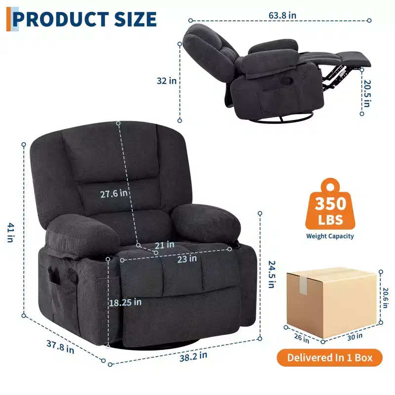Multifunctional extra-large wide recliner, PU leather recliner, adult size, 360 swivel rocking chair, with cup holder and side pockets.