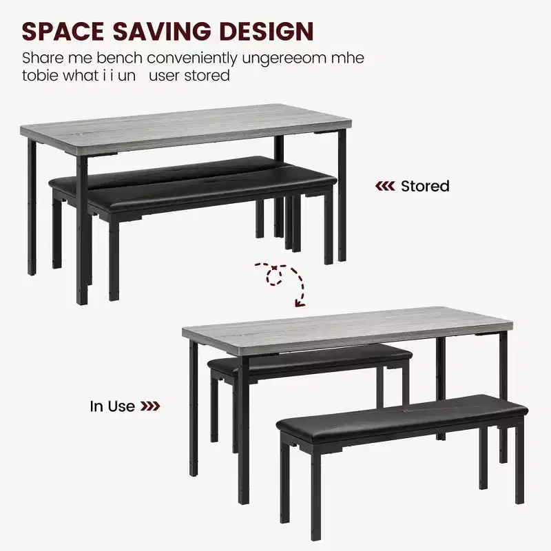 Kitchen Table with 2 Benches, with Metal Frame