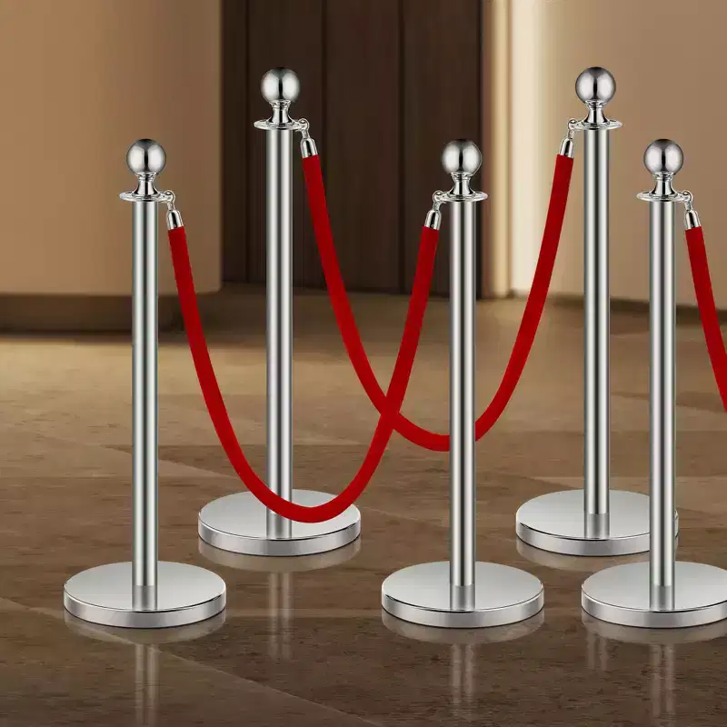 Stanchions and Velvet Ropes 6Pcs, Hollow Base with Stainless Steel Post, 3 Red Velvet Ropes and Posts, Crowd Control Barriers, Silver