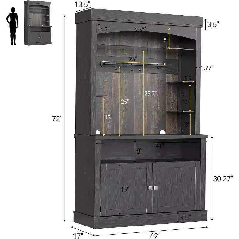 72 Tall Farmhouse Coffee Bar Cabinet w/ LED Lights, Kitchen Sideboard Buffet w/ Wine Rack, Glass Shelf & Microwave Stand for Dining Room