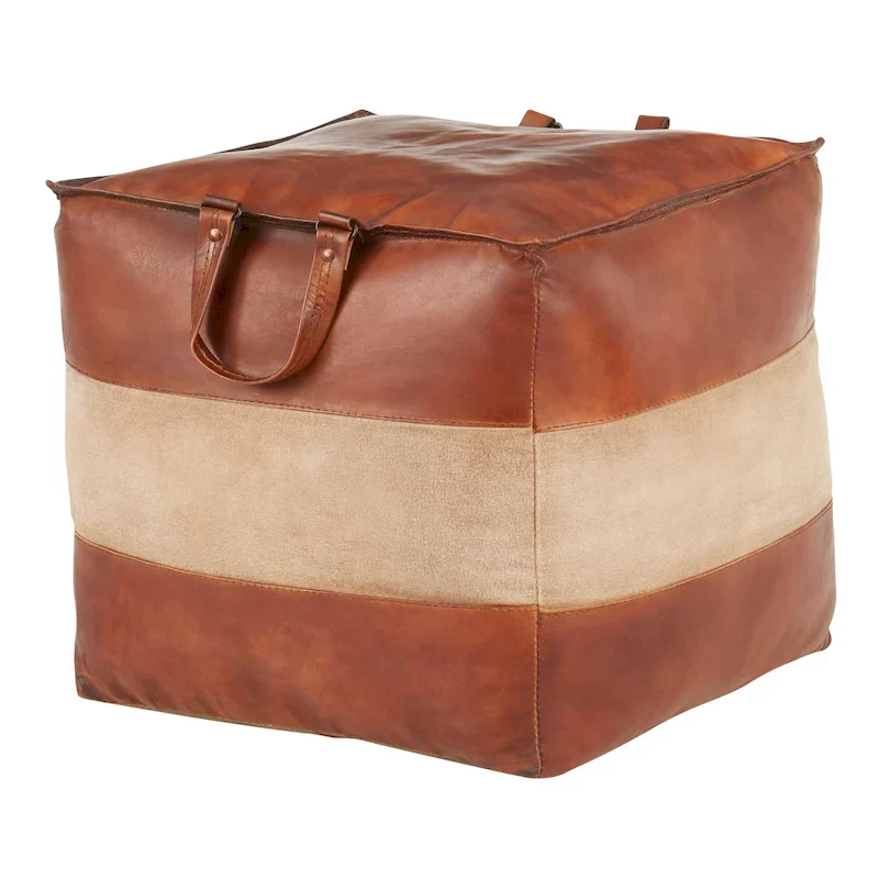 Leather & Canvas Pouf Ottoman – Brown/Tan, Black/Grey, Espresso/Tan – 1 Person