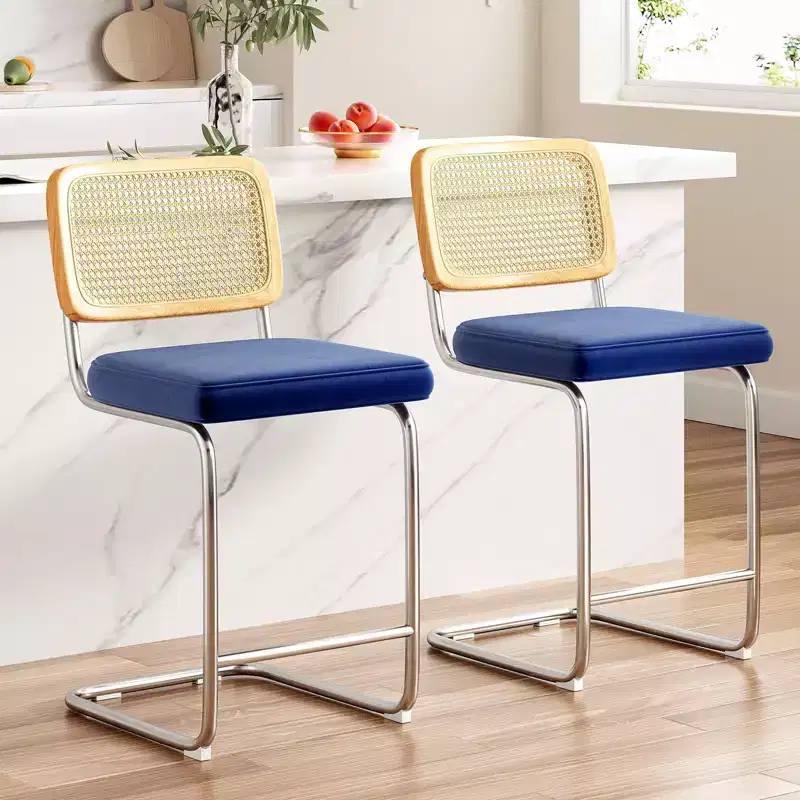 2Pcs Counter Height Bar Stools Upholstered Velvet Barstools with Rattan Back 24 inch Stools Armless Bar Chairs for Kitchen Island Royal Blue
