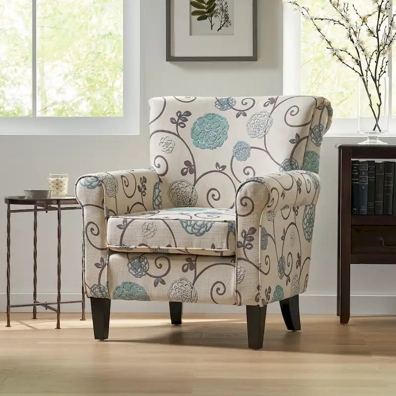 White+Blue Modern 31.75 Upholstered Club Chair with Tapered Birch Wood Legs for Living Room