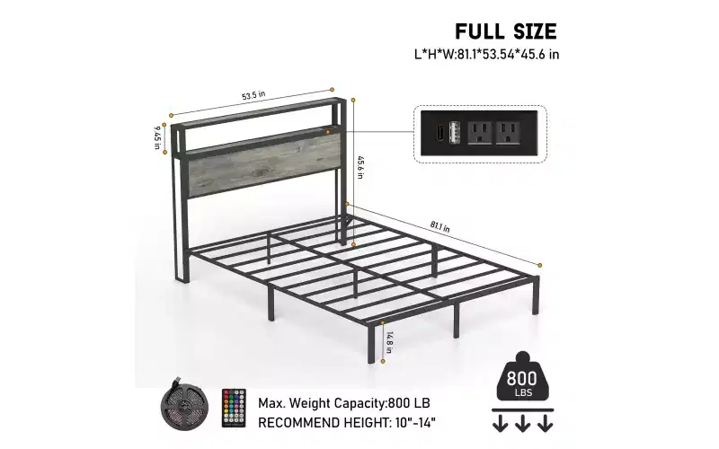 Platform Bed Frame with LED Light, USB Charging Station & Upholstered Headboard, Grey