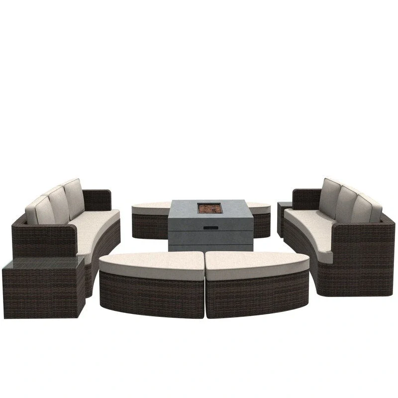 9-piece Patio Wicker Daybed Set with Concrete Fire Pit Table