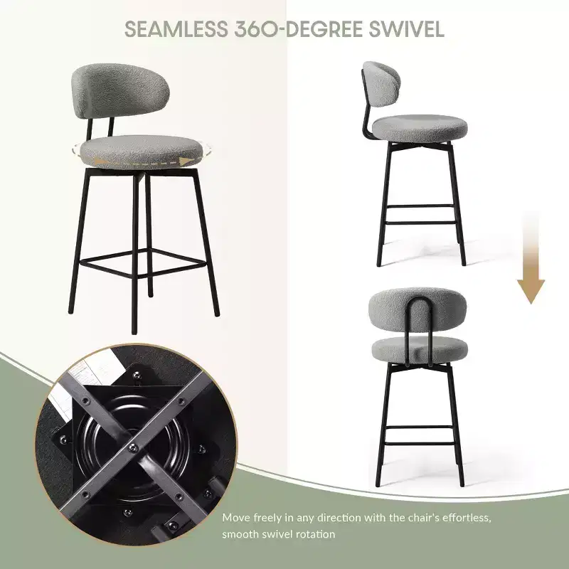 Modern Upholstered Faux Shearling Fabric Counter Height Bar Stools with Back (Set of 2