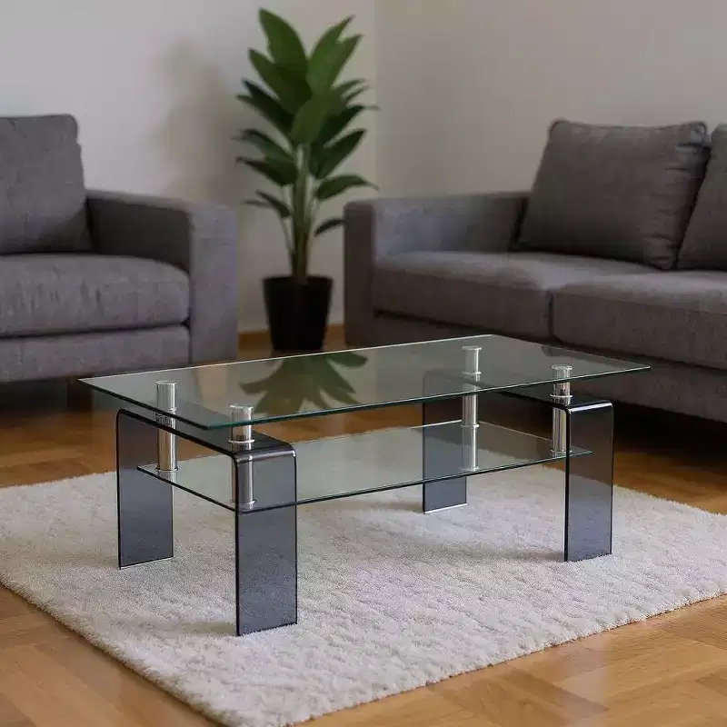 HomeRoots 39 Clear and Black Glass Coffee Table With Shelf