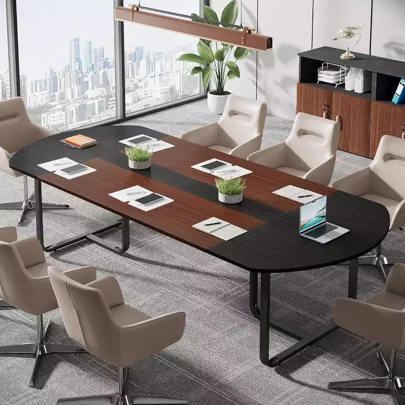 Lantine 6FT Conference Table, Large Modern Oval Shaped Meeting Table for Seminar, Office Meeting Walnut & Black