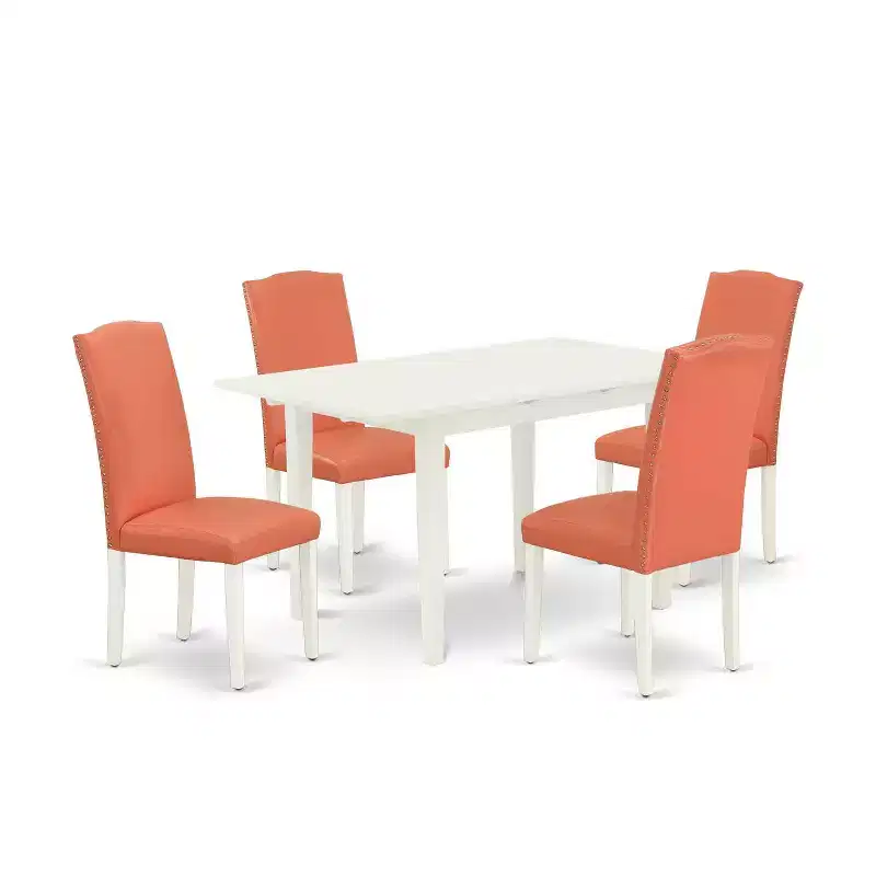 HomeStock 5-Pc Linen White Finish Solid Wood Top - Rectangular Upholstered Dining Room Set with Butterfly Leaf - Seats 4