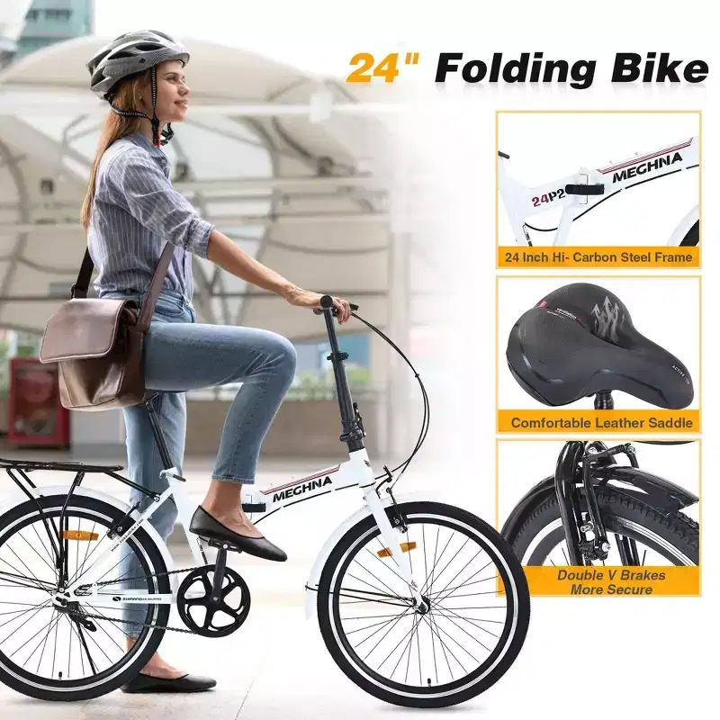 NAYSAYE 24 Inch Folding Bike For Adults With Fenders Steel Frame Single Speed City Commuter Bicycle, Light White, 63*22.83*45.6