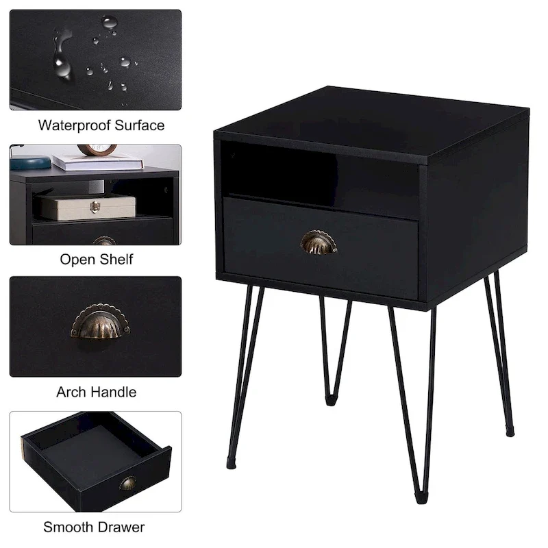 Modern Mid Century 1-Drawer Hairpin Nightstands, Brown/Blue/Black/Yellow, Four Options