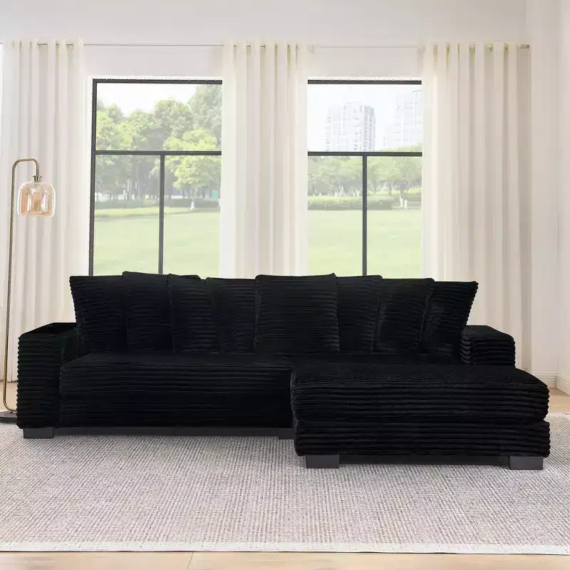EHMKNP Corduroy Upholstered Sleeper Sectional Sofa, L-Shaped Modular Convertible Sofa with Ottoman