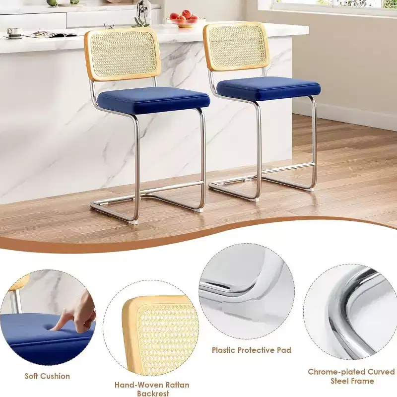 Royal Blue Counter Height Bar Stools, Upholstered Velvet Barstools with Rattan Back 24 inch Stools Armless Bar Chairs for Kitchen Island (2-Pack)