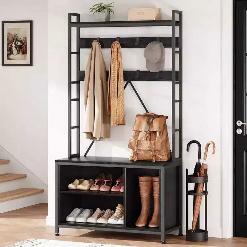 Black / Gray 5-in-1 Industrial Hall Tree with Bench, Hooks & Shoe Cubbies