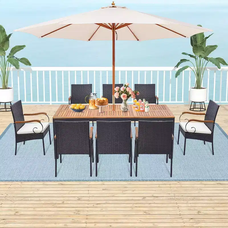 Costway 9 PCS Patio Rattan Dining Set with Acacia Wood Table, Cushions, 1.9 Umbrella Hole