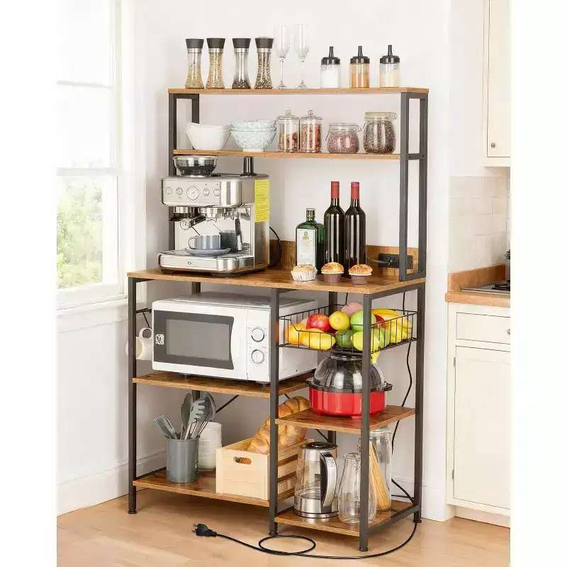 Kitchen Bakers Rack with Power Outlet, Microwave Oven Stand with Storage 4 Tiers, Kitchen Storage Shelf Rack with 6 S Hooks for Spices, Pots
