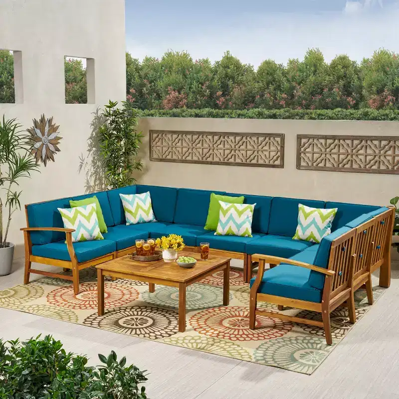 GDFStudio Abena Outdoor Acacia Wood 9 Seater Sectional Sofa Chat Set with Cushions