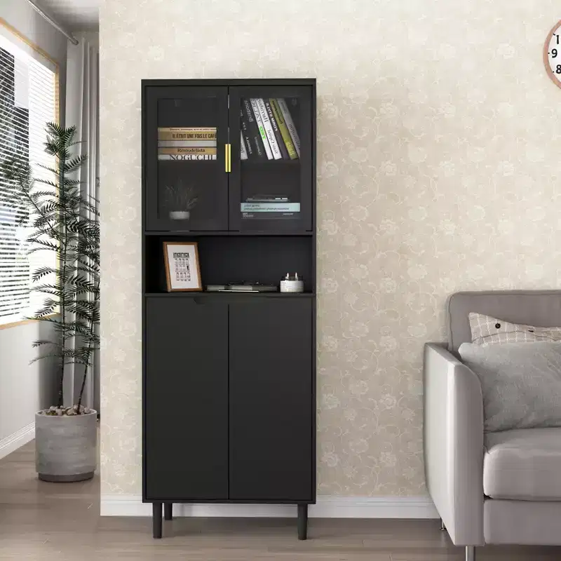 Tempered Glass Door Tall Bookcase with Adjustable Shelves, 4-Door MDF Painted Cabinet in Black for Living/Bedroom