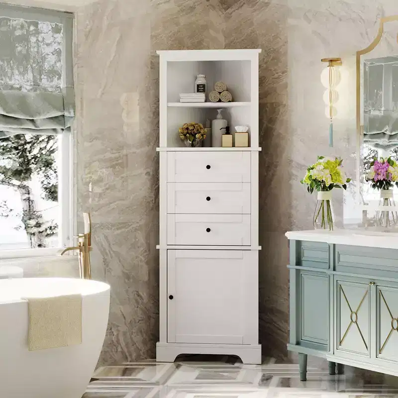 White Corner Tall Storage Cabinet with 3 Drawers, 2 Doors & Adjustable Shelf