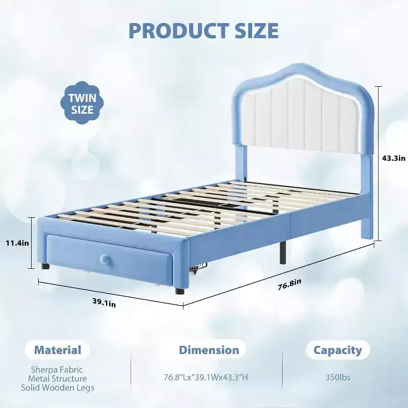 Twin Velvet Bed Frame with Glow Feature, Storage Drawer, Upholstered Headboard, No Box Spring, Blue