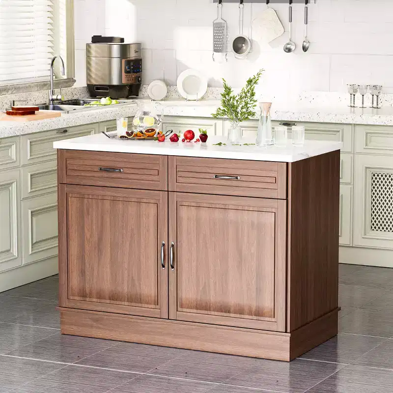 48 Island Table For Kitchen, Classic Kitchen Island Cart With Storage, Marble Countertop, Walnut Wood Grain And 2 Drawers & 2 Cabinets