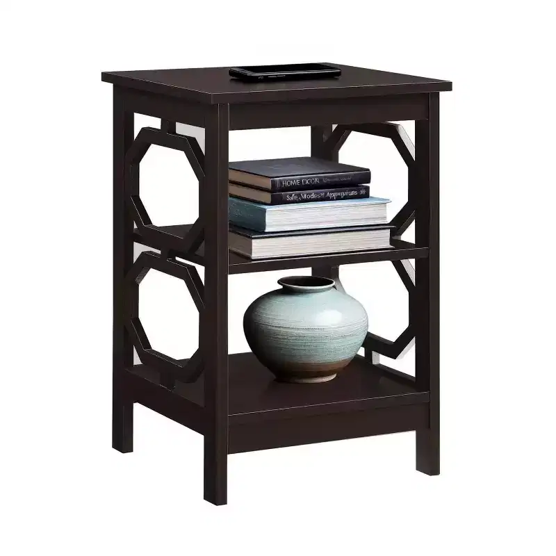 HomeStock Belmont End Table with Octagon Cutouts and Three Tier Shelving, Sleek Contemporary Side Table for Storage and Dcor in Any Room of Home