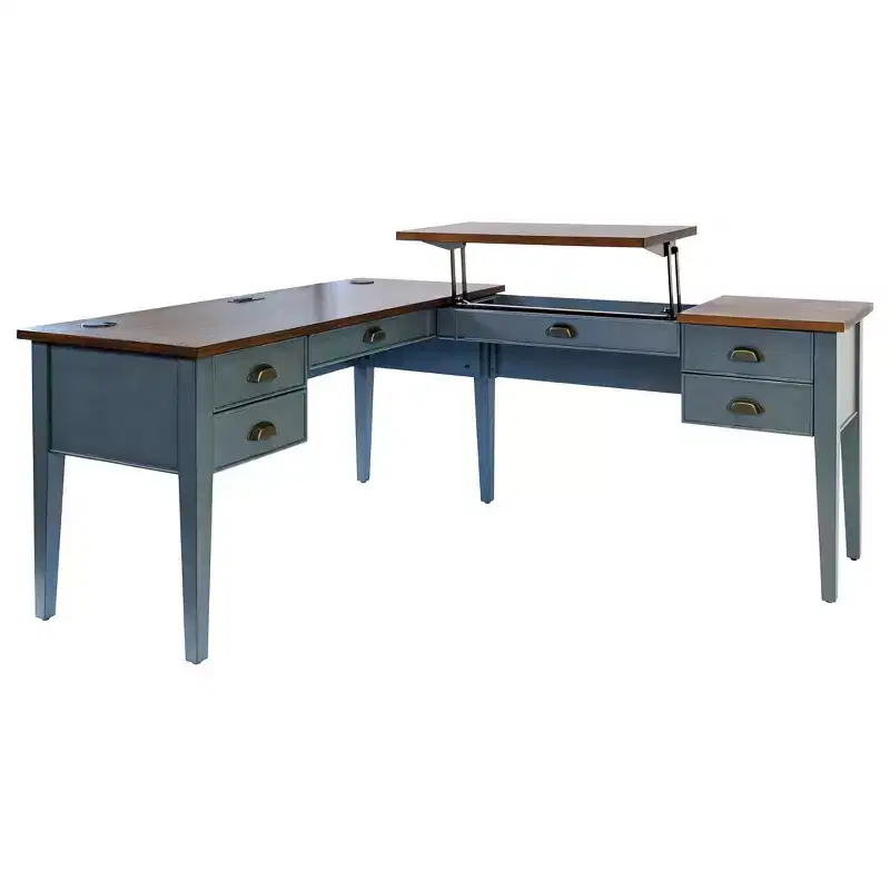 Open L-Shaped Pedestal Writing Desk Blue - Fairmont Collection: Wood, Charging Station, USB Port