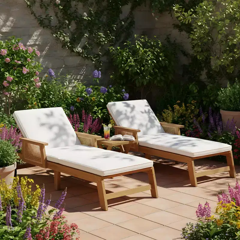 Christopher Knight Home Ming Modern 3 Piece Acacia Patio Sunlounge and Slatted Table Set with Wicker Armrest