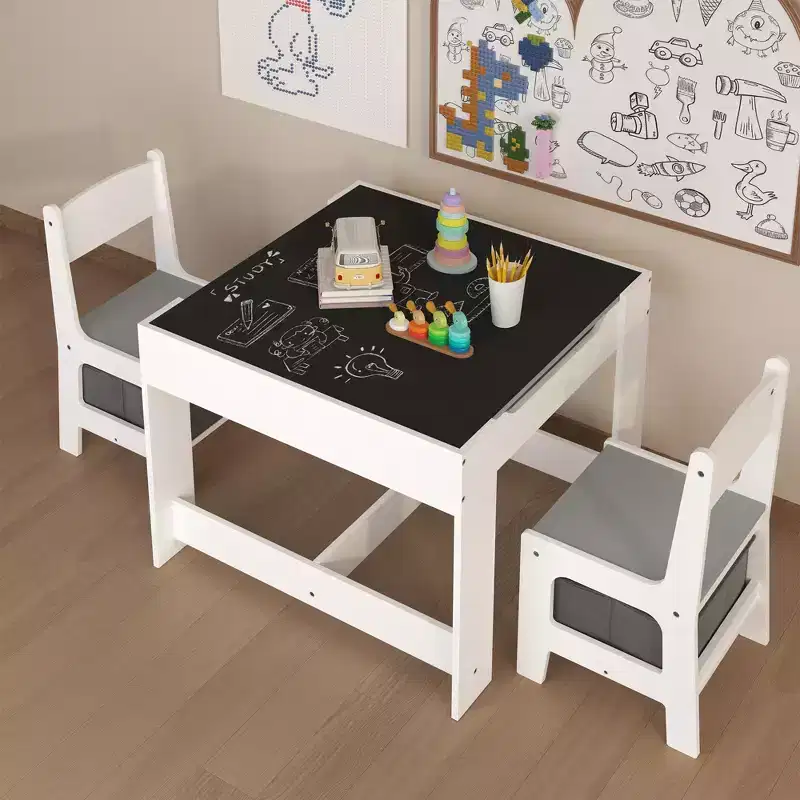 3PCS Kid Table Set with Dual-Sided Table & 2 Storage Chairs, Wood Toddler Table and Chair Set Children Activity Play Table Set, White+Gray -ModernLuxe