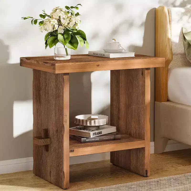 Solid Wood Nightstand with Storage, Farmhouse Rectangle Bedside Table with Wooden Base for Bedroom Accent Furniture, Brown