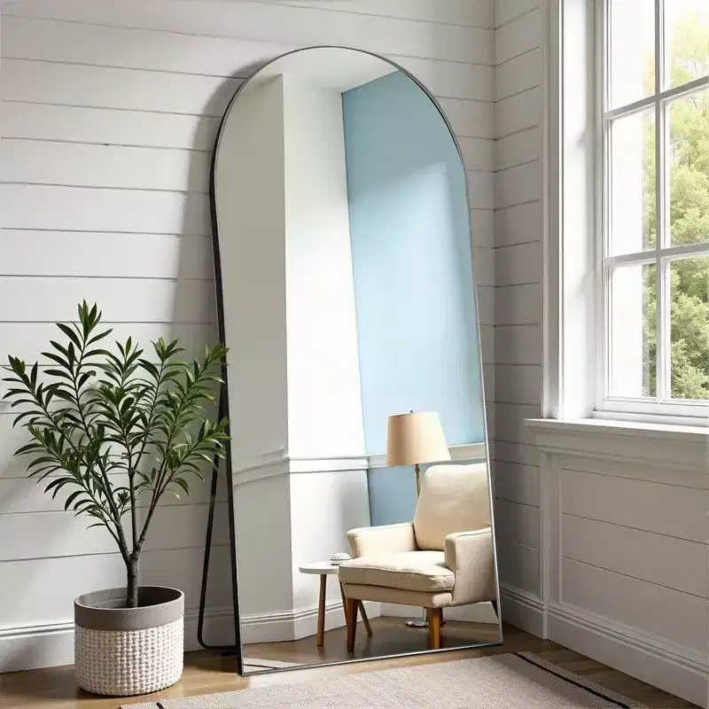 31 in. W x 71 in. H Full Length Arched Free Standing Body Mirror Metal Framed Wall Mirror Large Floor Mirror in Black