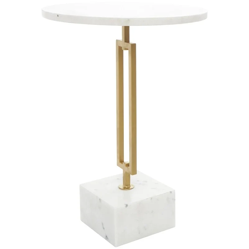 Marble Geometric Side End Accent Table with Gold Metal Rectangular Stand - White