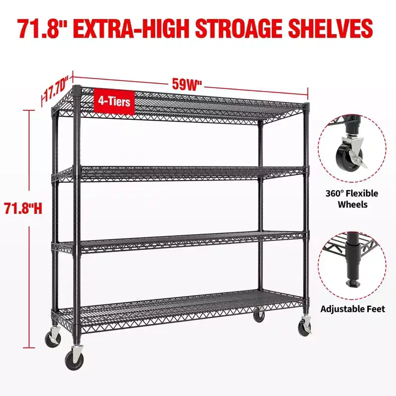 5-Tier or 4-Tier Metal Storage Shelves with Wheels, 59 W 3300 LBS Capacity Heavy Duty Adjustable Wire Rack for Garage, Pantry, Kitchen