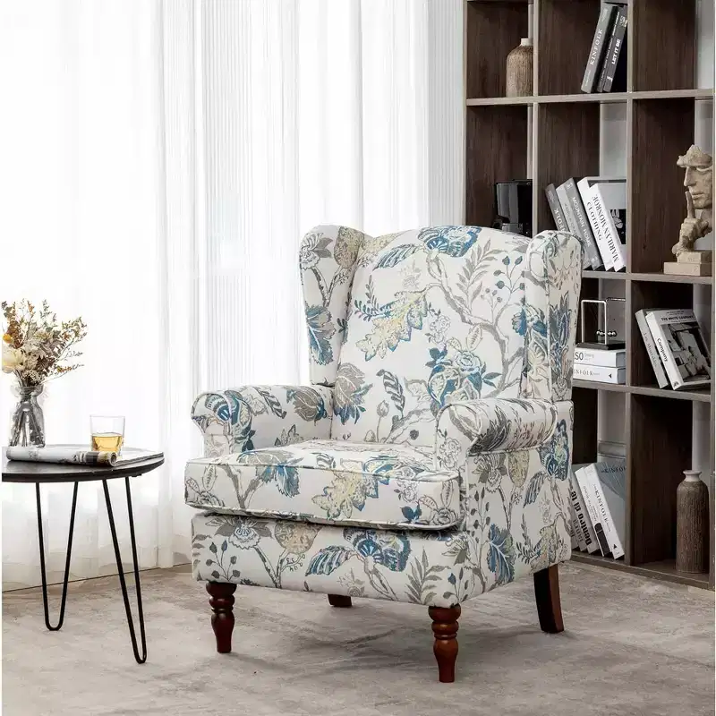 Erommy Upholstered Accent Chair, Floral Print Fabric Armchair,Blue