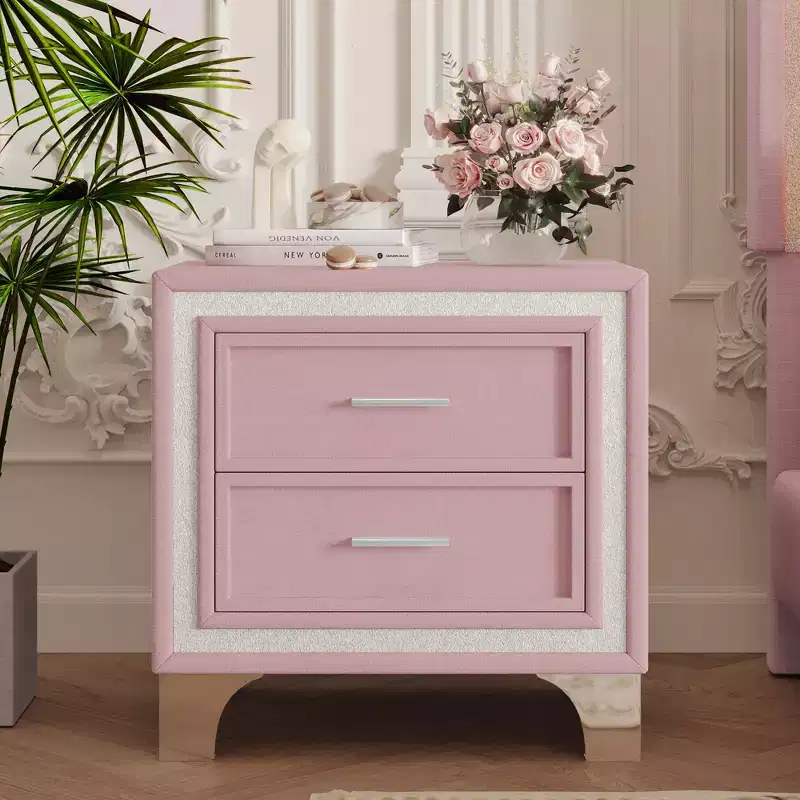 Mid Century Velvet Nightstand with 2 Drawers & Silver Glitter Trim, Pink