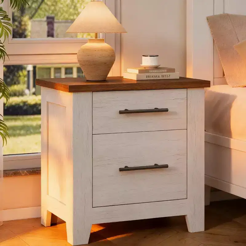 Nightstand With 2 Drawers, Farmhouse Night Stand With Brown Tabletop, Distressed White, Supports 170 LBS