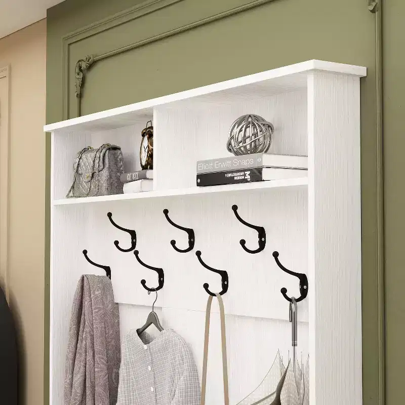 Famapy Wood 3-in-1 Hall Tree Bench with Double Hooks and Shelves
