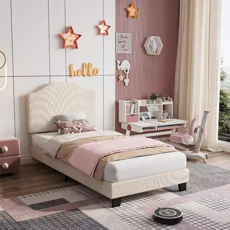 Twin Size Platform Bed Frame with Velvet Upholstered Headboard, Wooden Slats & Metal Support, Low Profile, Noise-Free,Pink/White