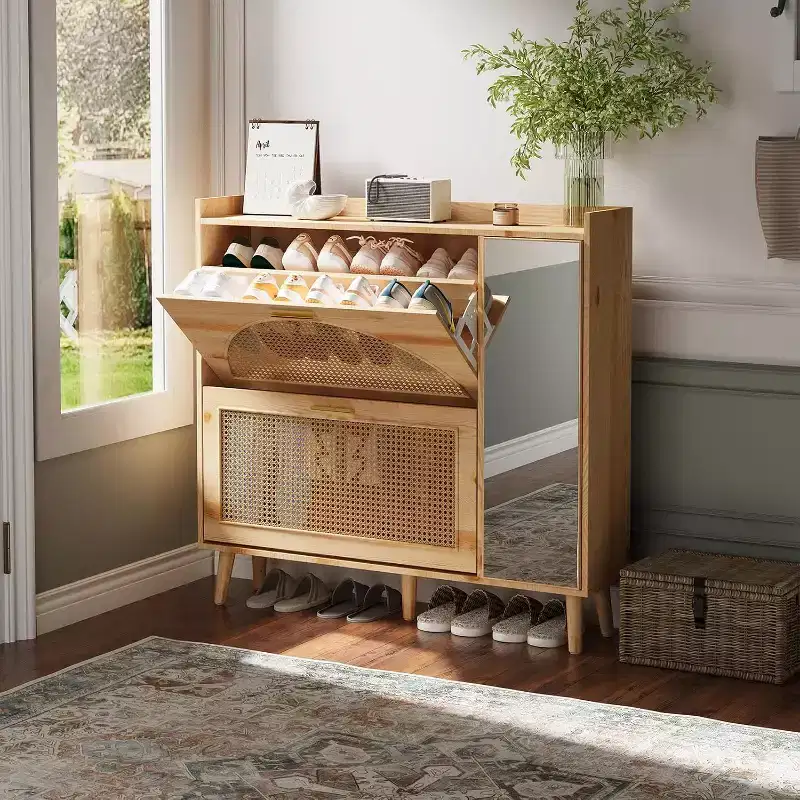 Natural Rattan Shoe Storage Cabinet, Freestanding Hidden Shoe Rack Cabinet with 2 Flip Drawers, Mirror & Adjustable Shelves for Entryway