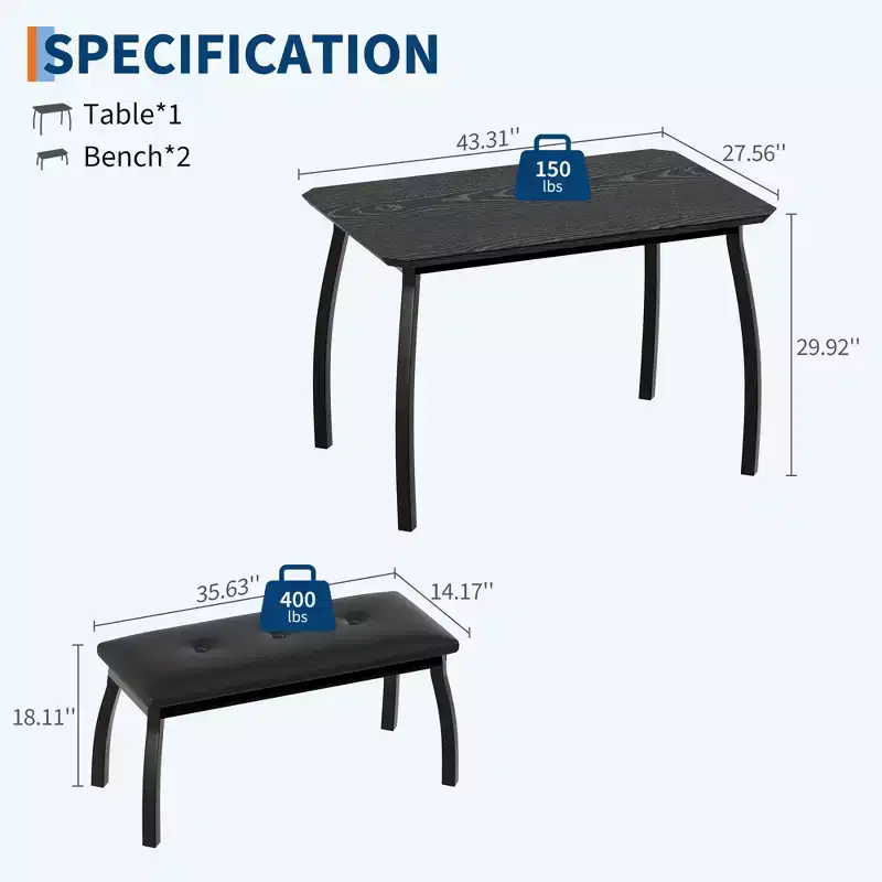 Bench-Style Dining Table with 2 Benches, 4-6 Person Dining Table and Chairs, Suitable for Kitchens, Apartments, and Studios