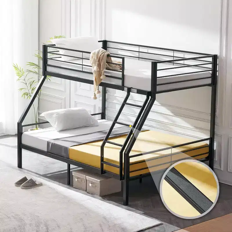 Twin Over Full Bunk Bed with Stairs, Flat Rungs, Heavy Duty Metal Slats, No Box Spring Needed, Black