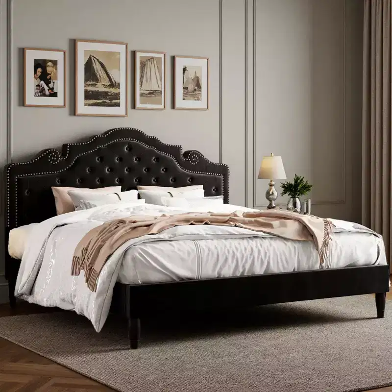 King Size Bed with Velvet Tufted Headboard, Upholstered Platform Bed Frame, Wood Slats Support