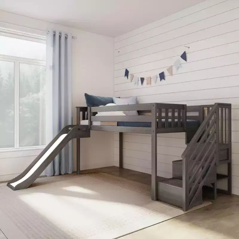 Max & Lily Twin Size Low Loft Bed with Slide and Stairs, Solid Wood Kids Platform Bed with 14 Guardrails