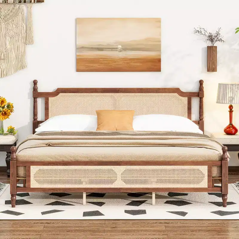 King Pine Wooden Bed with Rattan Headboard and Footboard Brown