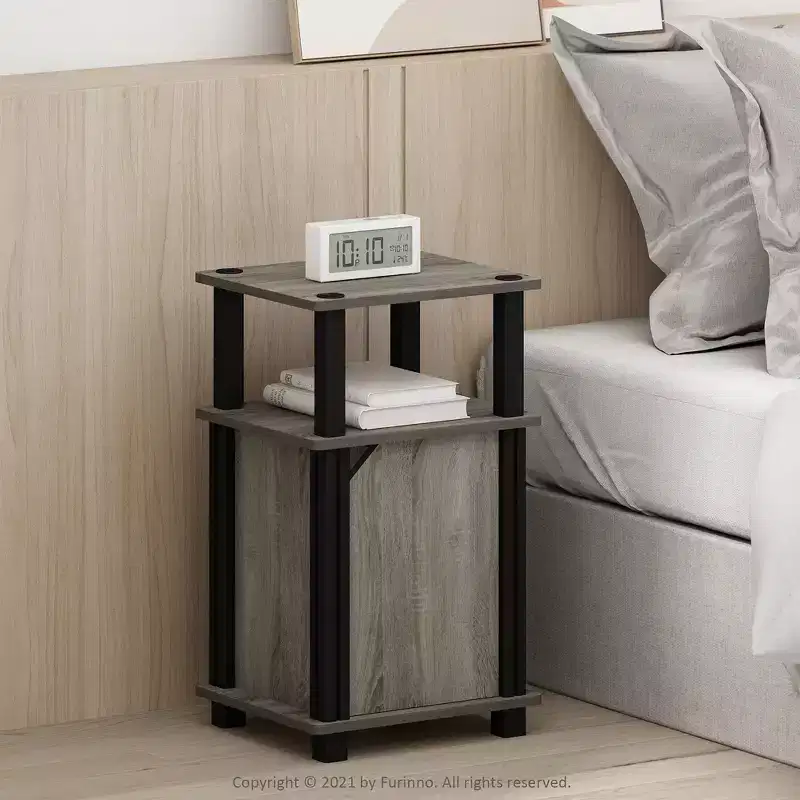 2PCS Mid-Century 3-Tier Sofa Side Telephone Table Nightstand Accent End Table w/Storage Cabinet&Open Display Bookshelf,French Oak/Black