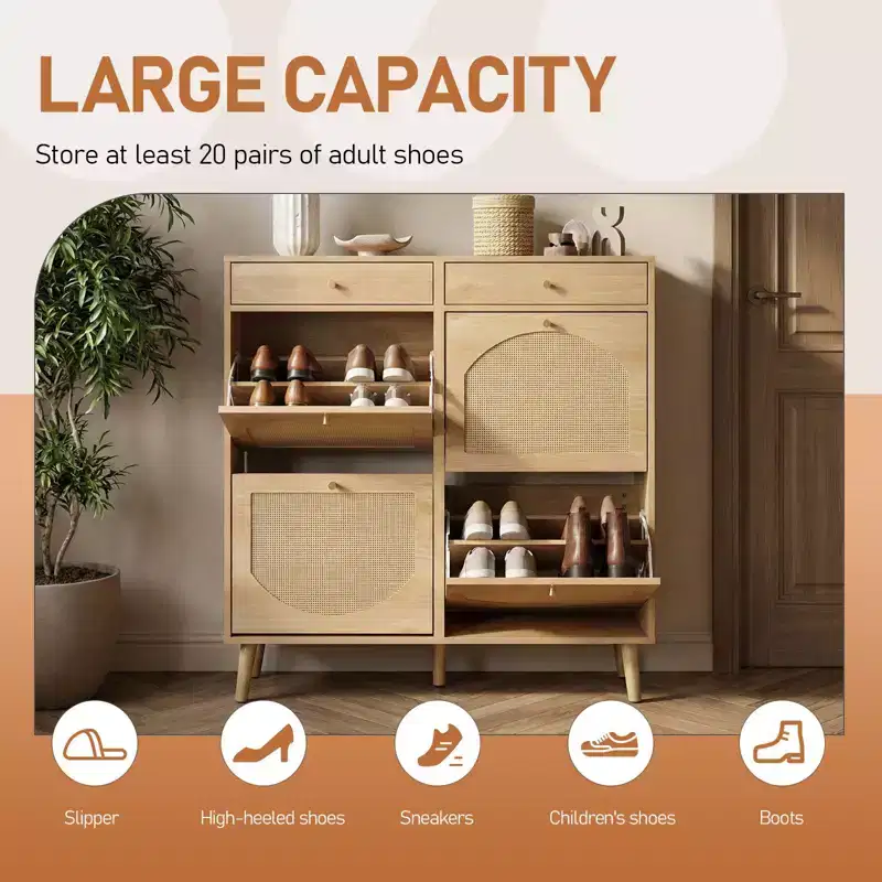 Karl Home Rattan Panel 2 Drawers 4 Flip-Drawer Shoe Cabinet Particleboard 41.34 W